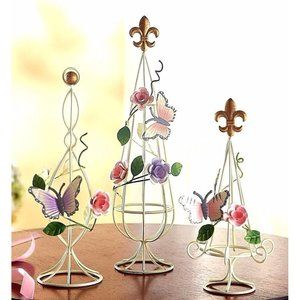 Garden Topiary Decorative Table Butterfly 3-Piece Rose Vines Hand Painted Metal